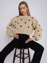Heart Detail Oversized Cropped Knitted Jumper
