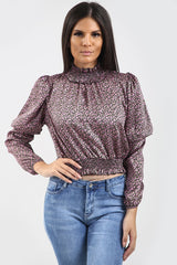 Satin Rose Print Balloon Sleeve Top