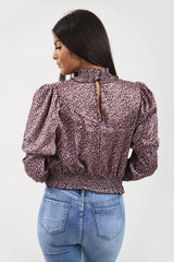 Satin Rose Print Balloon Sleeve Top