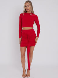 Slinky Ruched Drape Skirt Co-ord - Red