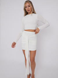 Slinky Ruched Drape Skirt Co-ord - Cream