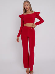 Frill Shoulder Slinky Crop Top & Wide Leg Trouser Co-ord