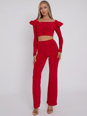 Frill Shoulder Slinky Crop Top & Wide Leg Trouser Co-ord
