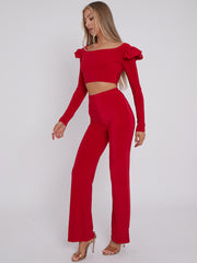 Frill Shoulder Slinky Crop Top & Wide Leg Trouser Co-ord