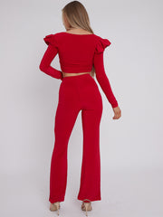 Frill Shoulder Slinky Crop Top & Wide Leg Trouser Co-ord