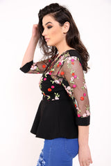 Mesh floral gestickte Peplum -Top