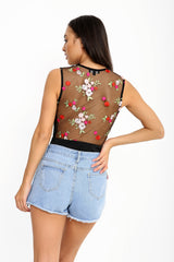 Floral Embroidered Mesh Bodysuit