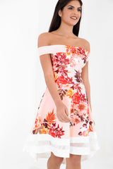 Tropical Blumengitter Bardot Skaterkleid