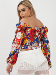Floral Print Shirred Milkmaid Crop Top