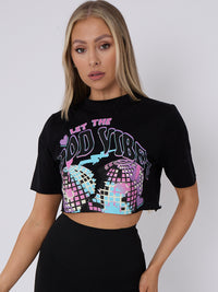 Disco Ball Graphic Printed Crop Top - Black