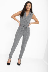 Multi Check Tuxedo Style Wrap Jumpsuit