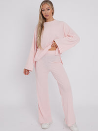 Oversized Soft Ribbed Top & Trouser Lounge Set - Pink
