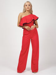 One Shoulder Contrast Trim Frill Jumpsuit
