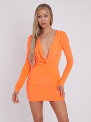 Draped Cowl Neck Slinky Dress