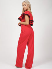 One Shoulder Contrast Trim Frill Jumpsuit