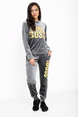 Girl Boss Slogan Velvet Tracksuit Loungewear