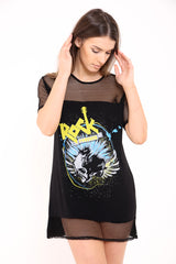 Fishnet Rock Print Longline T Shirt Dress
