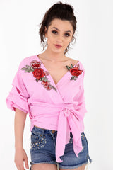 Gingham Check Wrap Over Embroidered Tie Knot Blouse Top