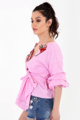 Gingham Check Wrap Over Embroidered Tie Knot Blouse Top