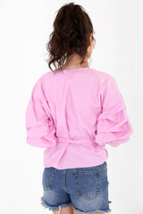 Gingham Check Wrap Over Embroidered Tie Knot Blouse Top