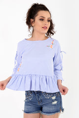 Embroidered Striped Frill Hem Top