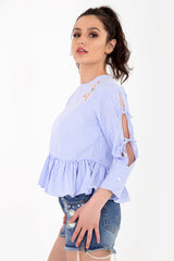 Embroidered Striped Frill Hem Top