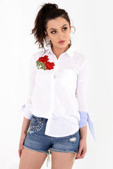 Rose Embroidered Knot Sleeve Shirt