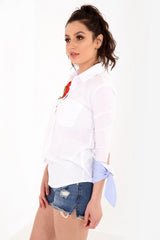Rose Embroidered Knot Sleeve Shirt