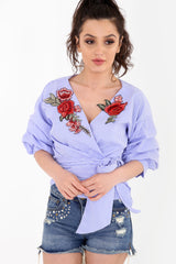 Gingham Check Wrap Over Embroidered Tie Knot Blouse Top