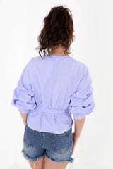 Gingham Check Wrap Over Embroidered Tie Knot Blouse Top