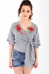 Gingham Check Wrap Over Embroidered Tie Knot Blouse Top