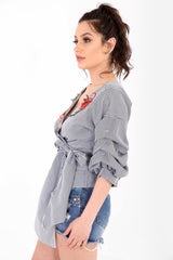 Gingham Check Wrap Over Embroidered Tie Knot Blouse Top