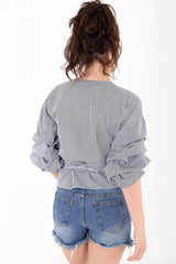 Gingham Check Wrap Over Embroidered Tie Knot Blouse Top