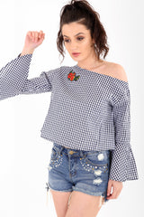 Gingham Check Embroidered Bell Sleeve Top