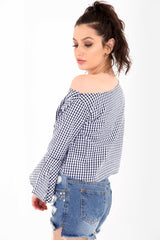 Gingham Check Embroidered Bell Sleeve Top