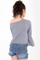 Gingham Check Embroidered Bell Sleeve Top