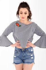 Gingham Check Embroidered Bell Sleeve Top