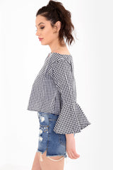 Gingham Check Embroidered Bell Sleeve Top