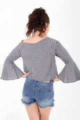 Gingham Check Embroidered Bell Sleeve Top