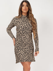Leopard Plisse High Neck Mini Kleid