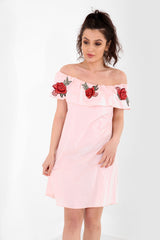 Rose geborduurde franje bardot jurk