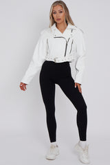Faux Leather Cropped Biker Jacket With Belt