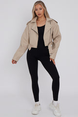 Faux Leather Cropped Biker Jacket With Belt