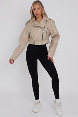 Faux Leather Cropped Biker Jacket With Belt