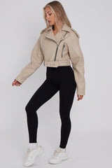 Faux Leather Cropped Biker Jacket With Belt