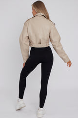 Faux Leather Cropped Biker Jacket With Belt