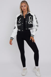 PU Cropped Varsity Jacket - Black