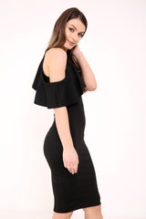 Frill Cold Shoulder Midi Bodycon Dress