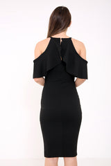 Frill Cold Shoulder Midi Bodycon Dress