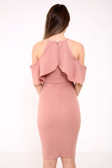Frill Cold Shoulder Midi Bodycon Dress